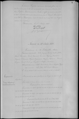 Registre des délibérations du Conseil municipal, avec table alphabétique, du 10 août 1881 au 22 mars 1883