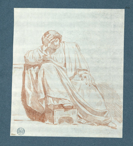 Jeune homme assis : la tête appuyée sur la main droite, la main gauche sur le genou, la jambe droite est pliée, le pied reposant sur un escabeau, assis de face regardant à terre / François-André Vincent , [S.l.] : [F.-A. Vincent], [1700-1800]