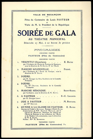 Théâtre municipal, soirée de gala des fêtes du Centenaire de Louis Pasteur et de la visite du président de la République M. Millerand organisée le 27 mai 1923 : programme.