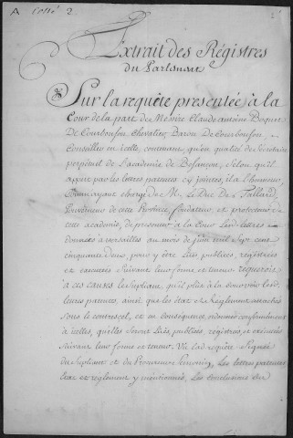 Ms Académie 50 - Titres constitutifs et correspondance officielle et privée de l'Académie de Besançon