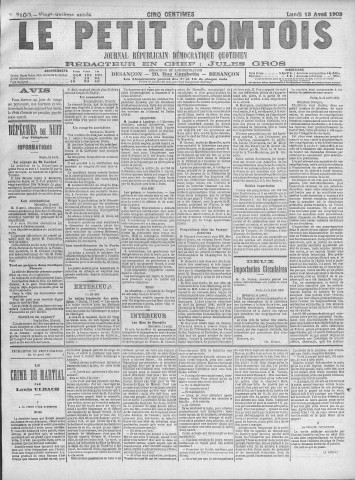 13/04/1903 - Le petit comtois [Texte imprimé] : journal républicain démocratique quotidien