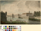 Vue du quai d'aval de la rive gauche du Doubs et du pont Battant à Besançon. Vue prise depuis Canot [dessin] , [Besançon] : [s.n.], [avant 1776]