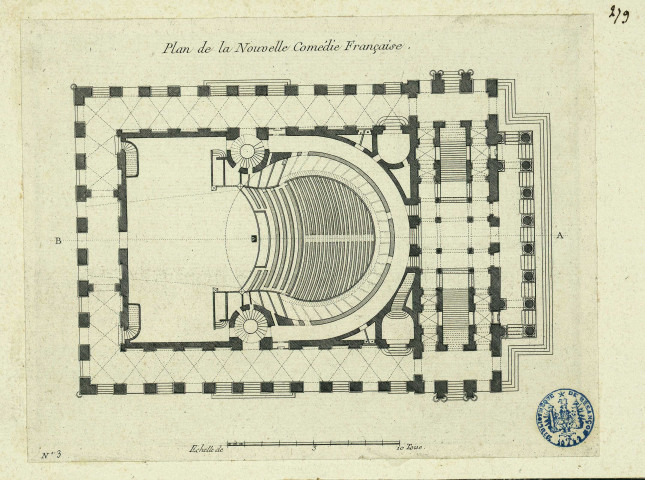 Plan de la nouvelle Comédie française (Odéon actuel) , [S.l.] : [S.n.], [1700-1800]