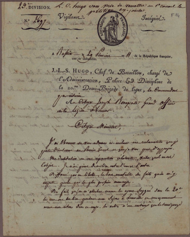 Ms Z 760 - Joseph Léopold Hugo. Lettre à Joseph Bonaparte, Bastia, 18 février 1803