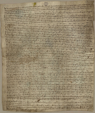 - Lettres de Pierre Cappochi, cardinal diacre du titre de St Georges au Velabre, légat du St Siège, défendant d'évoquer devant un autre tribunal les procès entamés devant la justice de l'archevêque de Besançon (Besançon, 15 juin 1254). - Lettres patentes de l'empereur Richard de Cornouailles s'engageant à ne jamais distraire Besançon de la mouvance de l 'Empire (Londres, 19 mai 1260)
Numérisé. - Accord passé entre Jean de Chalon, Seigneur d'Arlay et les citoyens de Besançon au nom de l'empereur Rodolphe de Habsbourg qui garantit les droits et franchises de la ville (3 juin 1290) *
Numérisé. - Confirmation des privilèges par l'empereur Adolphe de Nassau le 22 septembre 1296 : deux vidimus du 14 septembre 1434 - Lettres de créances par lesquelles les citoyens de Besançon accréditent Pierre Bélier en qualité de procureur, pour demander à l'empereur Albert 1er confirmation des privilèges de la cité et rémission des griefs que lui et ses prédécesseurs ont pu avoir contre la ville : minute, 25 avril 1307 - Procuration donnée par l'empereur Albert 1er à Thiébaud de Hasembourg pour recevoir le serment d'hommage et de féauté de la ville de Besançon (Spire, 7 mai 1307) - Confirmation générale des privilèges de la ville par l'empereur Albert 1er : il l'absout de tous les griefs qu'avaient contre elle l'empereur Rodolphe son père et ses prédécesseurs (Spire, 7 mai 1307) * cf. Castan, origines de la Commune de Besançon : pièces justificatives n° XXII.