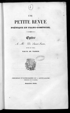 Une petite revue poétique et franc-comtoise. Epître à Mr. de Saint-Juan, suivie de notes, par M. Ch. Viancin