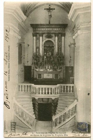 Intérieur de l'église du Carmel au-dessus de la grotte du prophète Elie [image fixe] , Pontarlier : Gustave Rémy, 1897/1904
