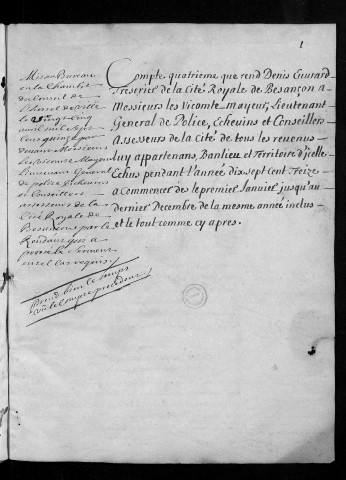 Comptes de la Ville de Besançon, recettes et dépenses, Compte de Denis Euvrard (1713)