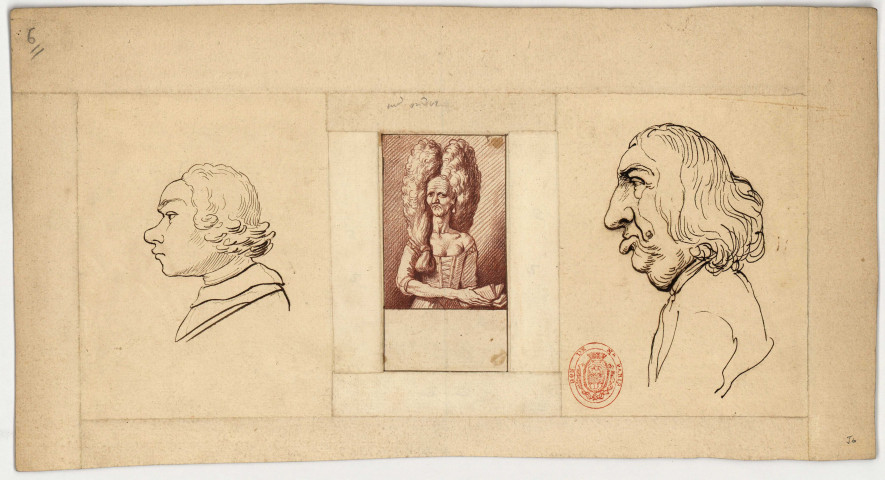 Deux caricatures d'homme et une caricature de femme âgée [Dessin] , 1750/1799