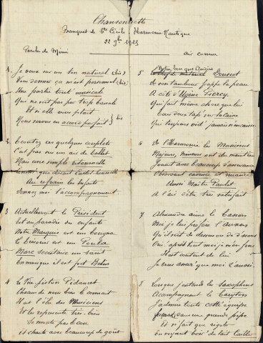 Chansonnette ; banquet de Sainte-Cécile.