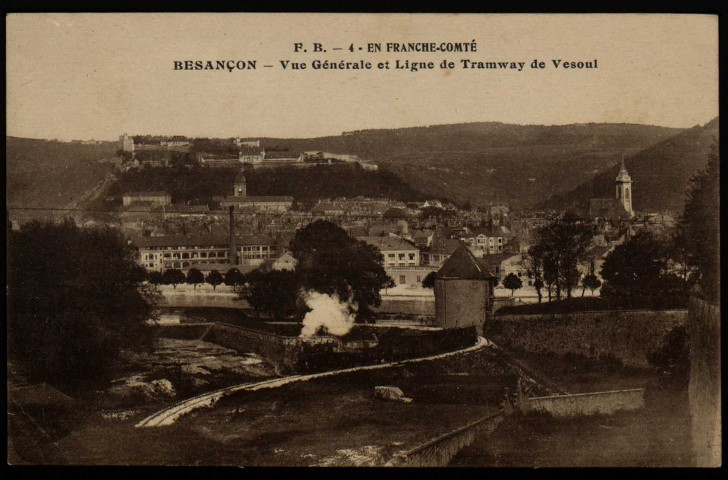 Besançon - Besançon - Vue Générale et ligne de Tramway de Vesoul. [image fixe] , Dijon : Louys Bauer. Imp. Dijon. Côte d'or, 1904/1930