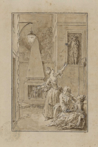 Dessin préparatoire pour l'illustration des "Deux avares" de Fenouillot de Falbaire, acte II, scène 5 : Madelon triomphant de Martin et de Gripon [image fixe] , Paris, 1770