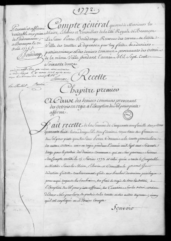 Comptes de la Ville de Besançon, recettes et dépenses, Compte de Pierre Bourdarye (1772)