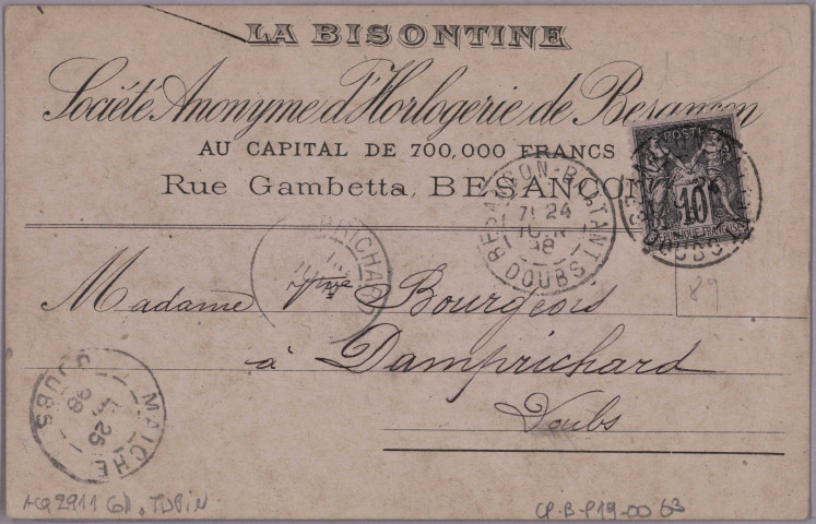 La bisontine - Société Anonyme d'Horlogerie de Besançon rue Gambetta, Besançon. [image fixe] , 1897/1898