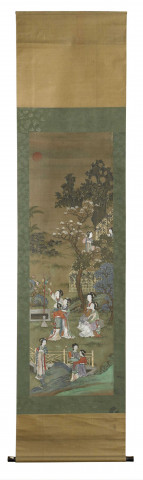 Jeunes femmes dans un jardin admirant les arbres en fleurs et un perroquet