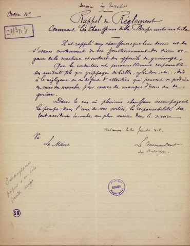 Sapeurs -Pompiers, personnel, effectifs (1912-1948) ; Habillement (1907-1942) ; Accidents (1908-1949) ; Admission des sergents fontainiers (1925) ; Présentation du nouveau commandant et des nouveaux officiers (1920) ; promotions, recrutement, nominations, révocations, départs (1908-1954) ; Dons , félicitations, décorations, ancienneté (1912-1953) ; Réorganisation du poste permanent (1912-1917) ; création d'un poste permanent (1945-1948)