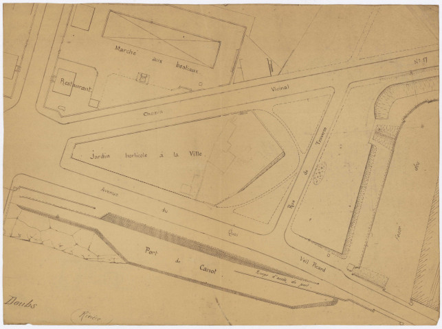 Nouveaux abattoirs. - Projet, transformation du bâtiment des abattoirs de Canot en caserne de pompiers et en ateliers des services municipaux : plan cadastral, plans, correspondance (1926, 1928). Registre de statistiques (1946-1952).