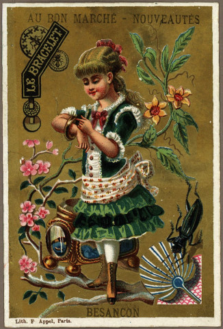 Avis de passage publicitaires des ateliers de tapisserie, grands magasins du Bon marché, Besançon au verso, comprenant différentes images au recto (4 cartes).