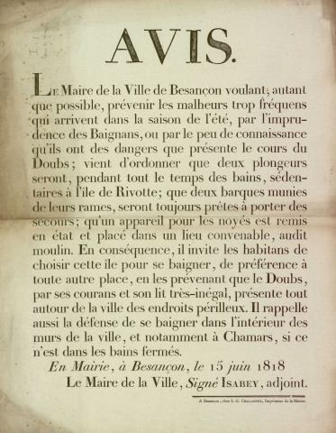 Noyades, procès-verbal de police (1793) ; mesures de secours aux noyés : instruction, procès-verbal, pétition, affiches, correspondance (1798-1882 ; acquisition de matériel de sauvetage : correspondance (1800) ; découverte de corps de personnes noyées : procès-verbaux de police, correspondance (1813-1876)