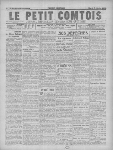 07/02/1922 - Le petit comtois [Texte imprimé] : journal républicain démocratique quotidien