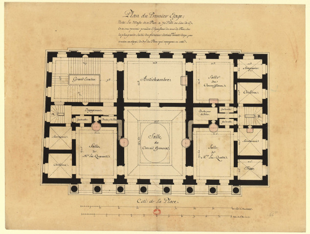 Hôtel de Ville de Neuchâtel [image fixe] : plan du premier étage, côté de la Place / [Pierre-Adrien Pâris] , 1750/1799