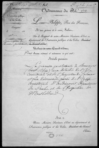 Ms Z 395 - Georges Cuvier. Signature autographe. 6 août 1831.