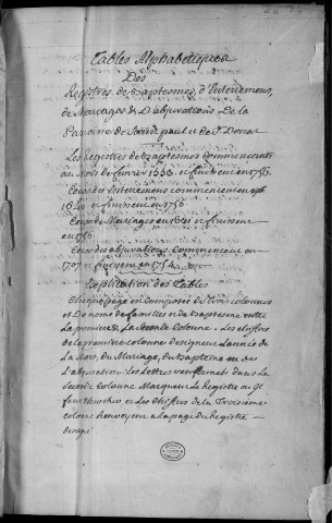 Paroisse Saint Paul - Saint Donat : table alphabétique, baptêmes (naissances) (1553 - 1756), mariages (1631 - 1756), sépultures (1631 - 1756) et abjurations (1707-1754).