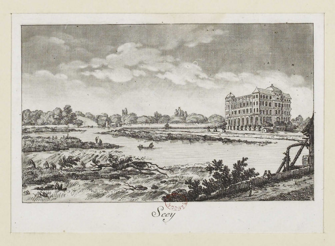 Scey [estampe] : [Vue du château de Beaufremont et de la Saône] , [S.l.] : [s.n.], [1700-1799]