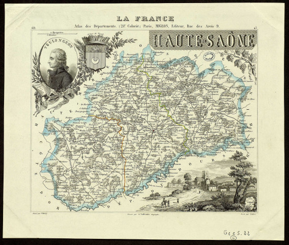 Haute-Saône. Gravé par villerey. dressé par A. Vuillemin, géographe. Ecrit par Isidore. 2 myriamètres [Document cartographique] , Paris : Migeon, 1832/1846