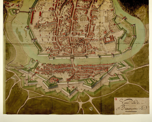 [Vue de Besançon à vol d'oiseau. Plan très détaillé de la ville et des fortifications qui l'entourent] [dessin] , [S.l. : Besançon ?] : [s.n.], [vers 1710]