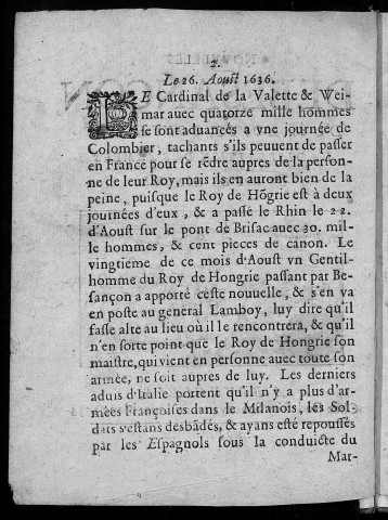 Nouvelles de Besançon du 26 aoust [août], touchant la disposition des armées du roy de Hongrie