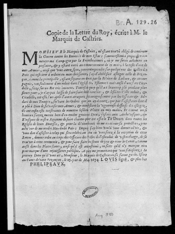 Copie de la lettre du roy, écrite à M. le marquis de Castries