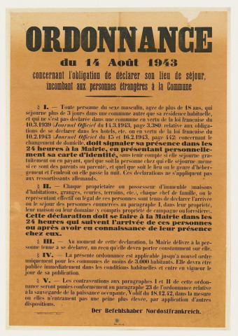 Ordonnance du 14 août 1943 concernant l'obligation de déclarer son lieu de séjour, affiche