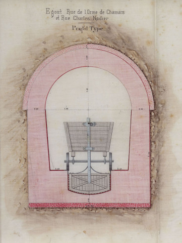 Égouts collecteurs. - Quartier nord, projet de construction : rapports, détails estimatifs, bordereaux de prix, avant-métrés, cahiers des charges, plans, schémas de wagon-vanne de curage, notes, correspondance (1885-1886). Quartier sud, projet de construction : rapports, cahiers des charges, brochure, plans, notes (1885-1887, 1890) ; réalisation de la section comprise entre la porte Rivotte et le pont Battant : dossiers de marchés, études, plans (1871-1900) ; prolongement entre la Préfecture et la rue Pasteur : délibération du conseil municipal, dossier de marché (1938).
A noter : plans de Besançon entre 1880 et 1890.