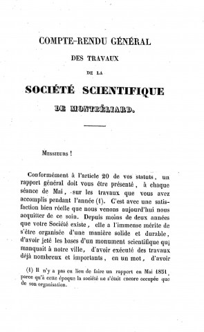 01/01/1850 - Compte rendu général des travaux de la Société scientifique et médicale de Montbéliard [Texte imprimé]