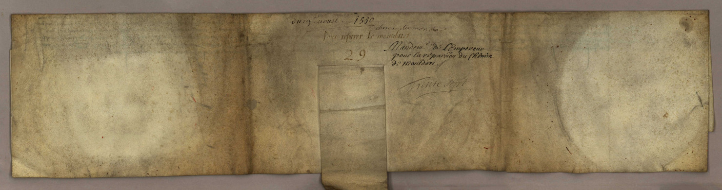 Chemins publics et grandes routes :
- Ordonnances de Charles Quint permettant l'expropriation des terrains nécessaires à l'amélioration ou à la réfection du chemin du Mont Dart (1550) avec sceau de Charles Quint en cire rouge, dans un étui.
- Ordonnances de la municipalité et des intendants de la province pour la répartition entre les habitants des corvées à faire sur les grandes routes.
- Réclamations des corvéables et jugements de l'intendance à ce sujet.
- Plans et devis d'une rectification de la route de Morre (1774).
- Plantation d'arbres sur le bord des grandes routes par les soins des riverains : diverses ordonnances à ce sujet.