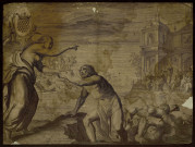 [Allégorie. Une femme demi-nue représentant la Vérité montrant le temple de Vertus à un homme qui vient de combattre la Volupté, signifiée par les trois sirènes qui sont renversées à terre] [estampe] / I. Couvay sculp.  ; Huret invent. , [S.l.] : [s.n.], [1622-1670]