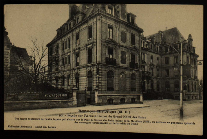 Façade sur l'Avenue Carnot du Grand Hôtel des Bains [image fixe] , Besançon : Cliché Ch. Leroux, 1910/1930