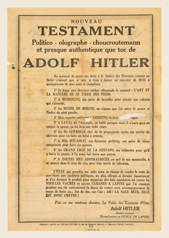 Nouveau testament Politico - olographe - choucroutemann et presque authentique que toc de Adolf Hitler., affichette