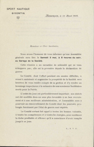 Tracts édités par le SNB à l'attention des sociétaires; invitation pour l'inauguration du garage du SNB 1911, appel à souscription pour achat de matériel 1914, annonce de l'assemblée générale 1919.