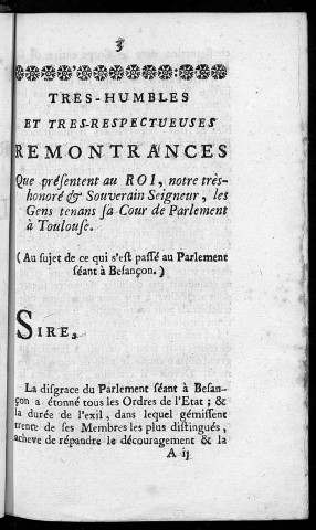 Remontrances du Parlement de Toulouse au roi, au sujet de ce qui s'est passé au parlement séant à Besançon