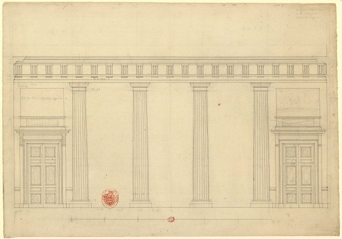 Versailles [Dessin] : lit de justice et salle des Notables : élévation de la colonnade et des portes d'entrée de la salle des Notables à Versailles. N° 29 , 1750/1799