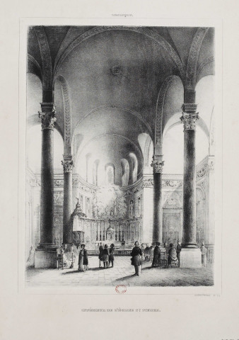 Intérieur de l'église St.-Pierre [image fixe] : Besançon / lith. de Valluet Jne edit Besançon , Besançon : Imprimerie Valluet jeune, 1800-1899