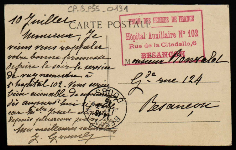 Besançon - Union des Femmes de France - Hôpital auxiliaire N°102 - . [image fixe] , Besançon : Edit. L. Gaillard-Prêtre - Besançon., 1912/1915