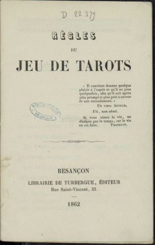 Règles du jeu de Tarots [Texte imprimé]