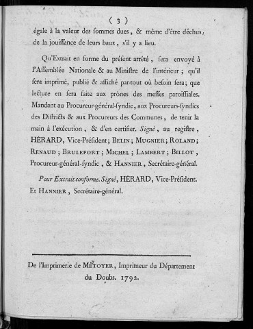 Extrait du registre des arrêtés du Directoire du département du Doubs. Séance du 13 Juillet 1792...