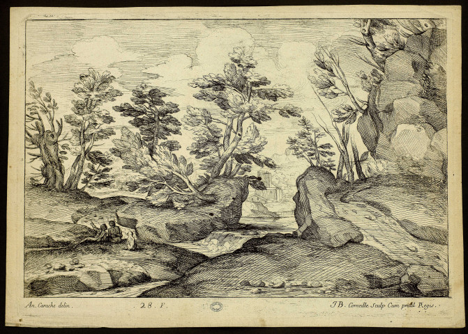 [Paysage, personnages avec un chien] [image fixe] / An. Carache delin. J B. Corneille Sculp. Cum privil Regis , 1669/1695