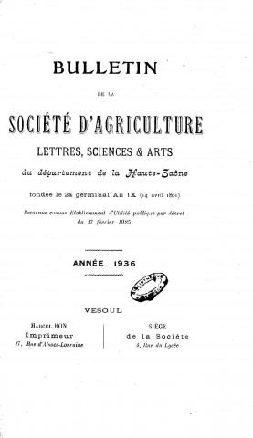 01/01/1936 - Bulletin de la Société d'agriculture, sciences et arts du département de la Haute-Saône [Texte imprimé]