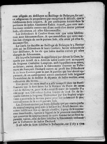 Factum pour François et Jacques Caillier, Jean-Baptiste Laude et François Coulon, citoyens, défendeurs, contre Messire Jean-Claude Franchet, seigneur de Cendrey,... demandeur aux fins de ses lettres de commission et exploit du 25 may 1697