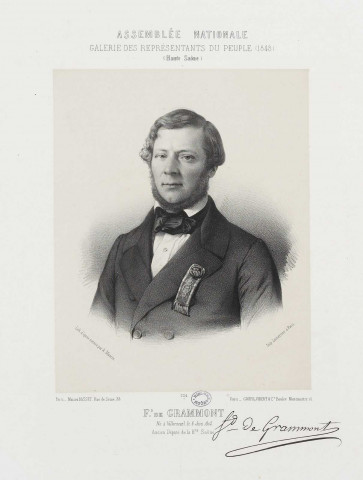 Fd. de Grammont né à Villersexel le 6 juin 1805. Ancien Député de la Hte-Saône / Lith. d'après nature par A. Maurin ; Imp Lemercier à Paris ; Paris-Maison Basset Rue de Seine, 33 ; Paris... Goupli-Vibert & Ce. Boulev. Montmartre, 15. Paris : Lemercier